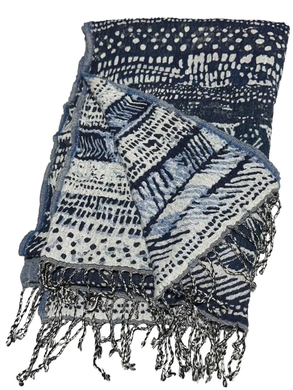 WILFRED Wool Scarf Tribal Indigo Boho Coastal Minimalist Fringe - Picture 2 of 7